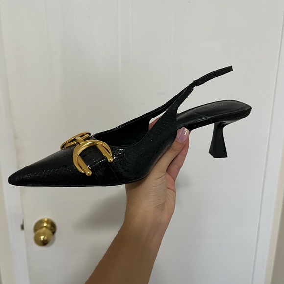 Zara Black Croc Leather, Slingback Kitten Heel, Gold Chain - Picture 2 of 4